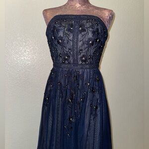 GB Gianni Bini Juniors Navy Blue Strapless Floral Rhinestone Prom Formal Dress 5